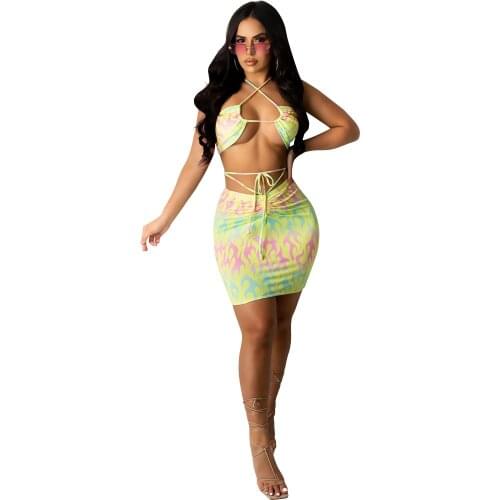 Tie Dye Two Piece Sets Womens Outfits Evening Party And Club Bandage Bra Top And Bodycon Skirts Sexy Dress Sweet Girl Streetwear
