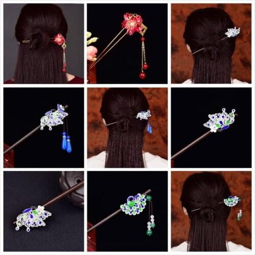 Yunnan Ethnic Style Cloisonne Peacock Hair Sticks Ancient Costume Hanfu Exquisite Coloured Glaze Temperamental Step Shake