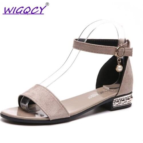Open toe Suede sandals women 2019Summer shoes women Fashion Rhinestone Buckle Strap sandals Square heel Ankle Strap female shoes