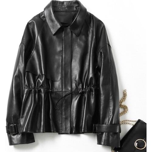 Luxury Sheepskin Oversize Loose Drawstring Genuine Jacket Women Fashion Casual Designer Long Sleeve Real Leather Coats