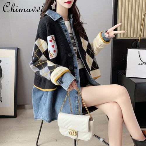 Knitted Stitching Fake Two Piece Denim Jacket Women Loose Korean Style Coat Female 2021 Autumn Oversized Jean Jacket