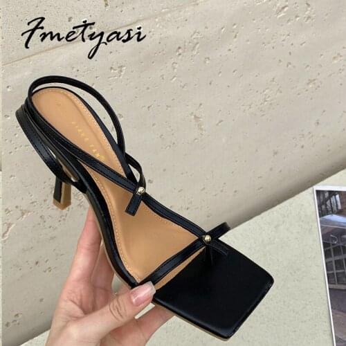 Women Sandals T-strap Lace-up High Heels Metal Decoration Narrow Band 2021 Solid Summer New Front Rear Strap Sweet Fashion