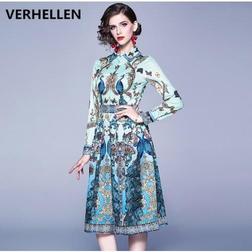 VERHELLEN Fashion Designer Runway Dress 2020 Spring Womens Long Sleeve Elegant Animal Floral Print Pleated Vintage Dress