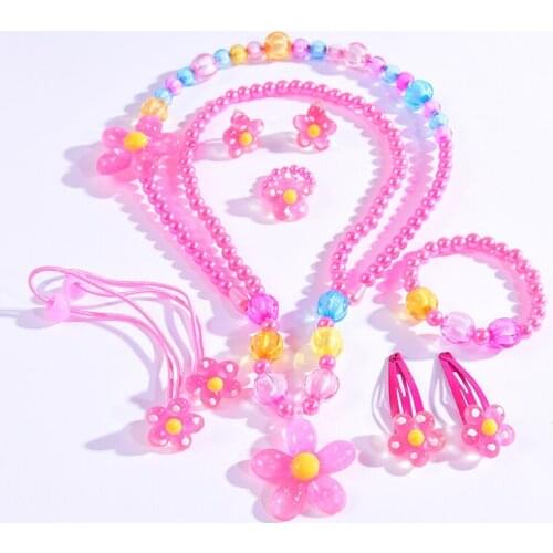 10pcs/pack Beads Flower Bracelt Headband Earring Ring Necklace Set Rose Red Cut Childen Handmade Jewelry Gift Bulk Girls Collar