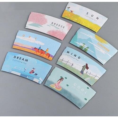 200 pcs Cup sleeve for 12/16oz disposable cups 7 pattern Double-deck corrugated paper coffee tea Cup sleeve Anti-hot Customized
