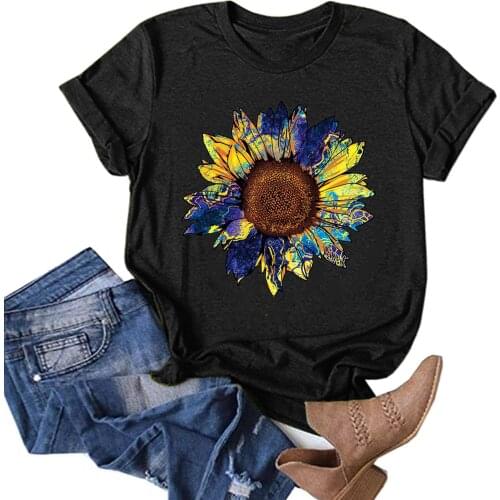 2021 Summer T-Shirt Fashion Women Clothing Casual Tees Sunflower Print Round Neck Tshirts Short Sleeve Tunic Tops футболка
