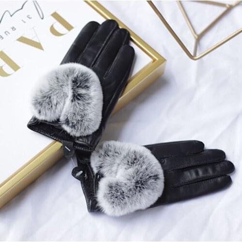 2019 Winter Genuine Leather Hands Glove With Real Rabbit Fur Fashion Women Black Leather Gloves With Fur Finger Warm Hand warm