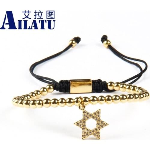 Ailatu Mix New Arrival 4mm Brass Beads with Clear Cz Star of David Peace Love and Eye Chams Bracelet Pulseira Hombres