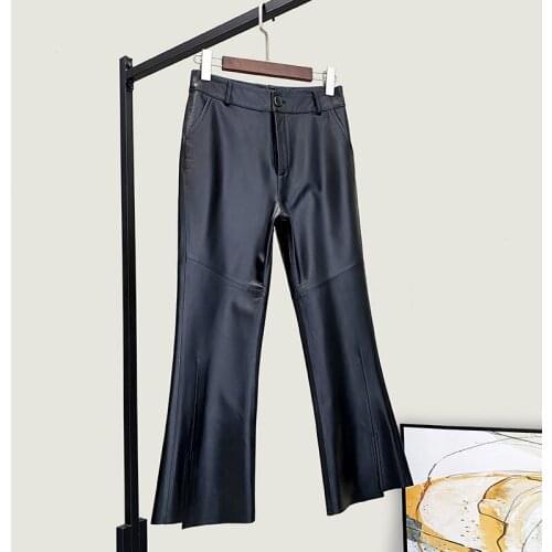 NEW Designer womens genuine leather ninth pants 2021 spring autumn shhepskin genuine leather bell-tottom trousers A591