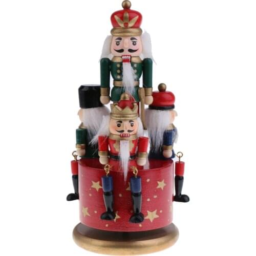 Handmade Wooden Nutcracker Music Box w/ 4 Soldiers on Base for Home Ornament Table Decorations Christmas Decor Display Gift Toy