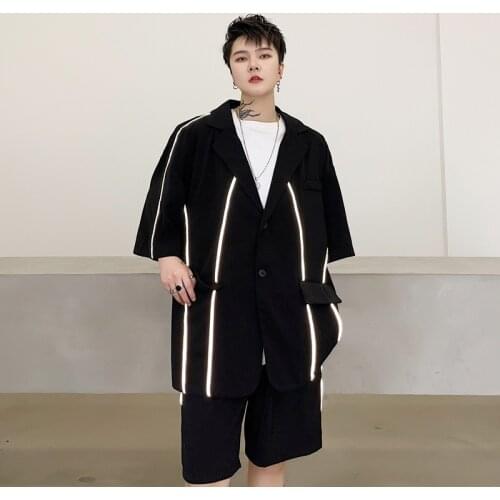 Design Sense Luminous Reflective Strip Decoration Short-sleeved Suit Mens Five-point Sleeve Loose Profile Half-sleeved Jacket