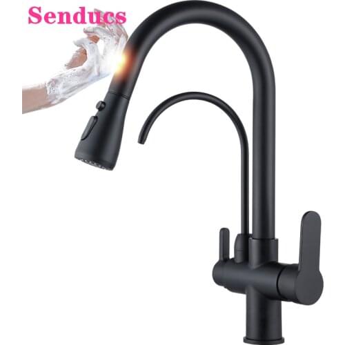 Matte Black Touch Filter Kitchen Faucets Quality Brass Hot Cold Pull Out Kitchen Mixer Tap Smart Touch Kitchen Mixer Faucets Tap