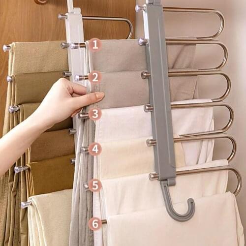 Multi-functional 6 in 1 Trouser Storage Rack Adjustable Pants Tie Storage Shelf Closet Organizer Stainless Steel Clothes Hanger