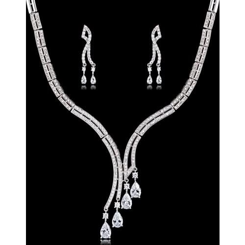 Trendy Crystal CZ Cubic Zirconia Bridal Wedding Necklace Earring Set for Women Prom Party Jewelry Accessories CN10167