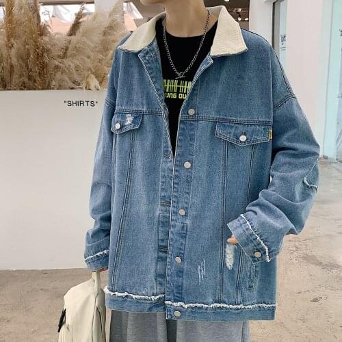 2020 Mens New Loose Casual Fashion Trend Coats Blue Color Cowboy Outerwear Stitching Neckline Denim Jackets Plus Size M-2XL