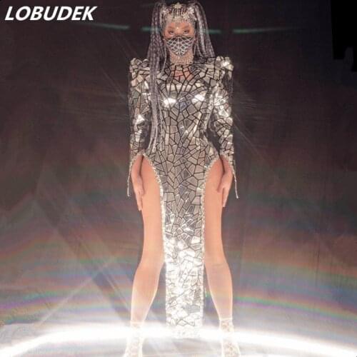 Nightclub Bar Women Singer Sexy Silver Laser Faux Mirror Slit Dress Stage Wear Dancer Team Rave Party Performance Costume