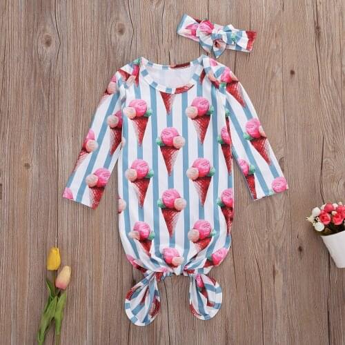 2020 New Fashion Infant Baby Girl Sleepwear Cute Ice Cream Stripes Cotton Print Nightgown with Headband Set Coming Home Outfit
