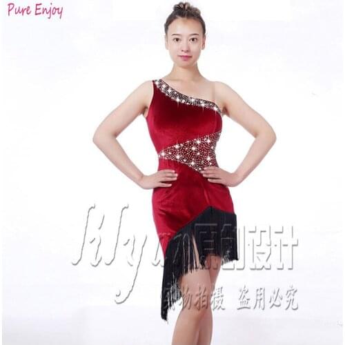 Latin Dance Dress Shiny Rhinestone Black Velvet Fringed Competition Dresses Salsa Rumba Chacha Samba Stage Show Wear Lady