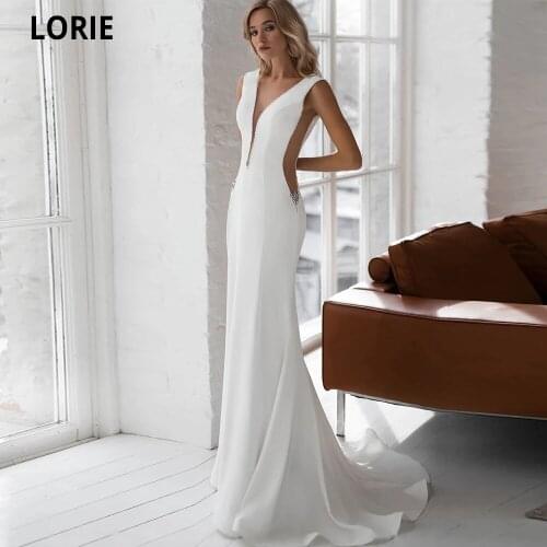 LORIE Soft Satin Mermaid Wedding Dresses Sexy Deep V Neck Open Back Side Illusion Princess Bridal Gowns Sleeveless Party Gown