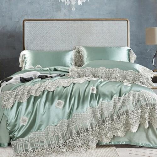 Luxury Princess Green 120S Egyptian cotton Embroidery Bedding sets Queen King Lace Duvet cover Bed sheet set Pillowcases 4/6pcs