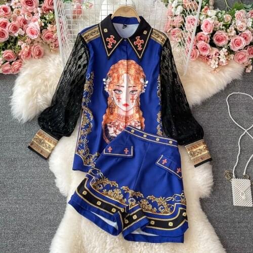 Runway Summer Two Piece Set Womens Tops Shorts Sexy Lace Sleeve Angle Queen Squirrel Print Floral Shirts + Wide Leg Pants Suits