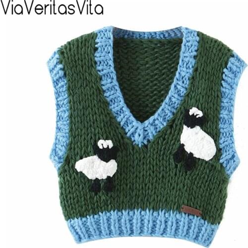 YAMY Sheep Appliques Kawaii Sweater Vest Contrast Color Cute Autumn Vintage Cropped Knit Croset Camis Y2K Thick Girls Knitwear