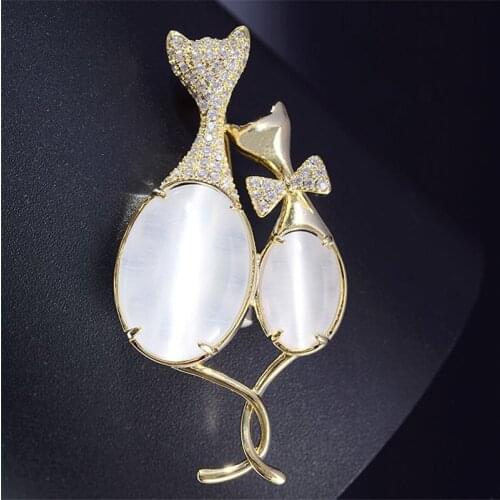 Shinning Zircon Brooches Two Cats Pins for Women Fashion Opal Embellishment Brooch Pin Jewelry Animal Broach Bouquet Broche Gift