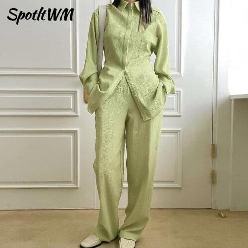 SpotLtWM Green Pant Suits Women 2021 Long Sleeve Casual Shirt Elastic Waist Wide Leg Pants Female 2 Piece Set Casual Outfits