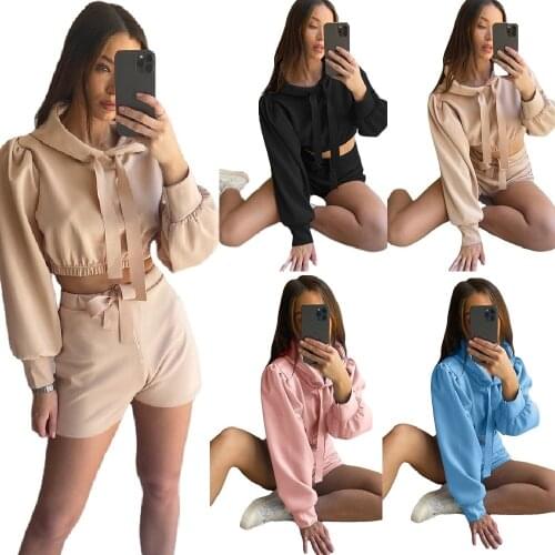 Women Autumn Two Pieces Sets Solid Puff Sleeve Short Hoodies Tops Sweatshirts and Elastic Waist Shorts Fashion Clothing Sets