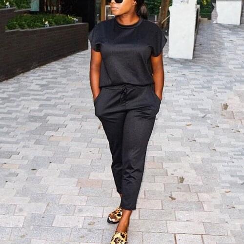 Two Piece Sets Women 2019 Summer Tracksuit Short Sleeve Black Tops and Harem Pant Suit Set 2 Piece Suits Sports Outfits WDC1958