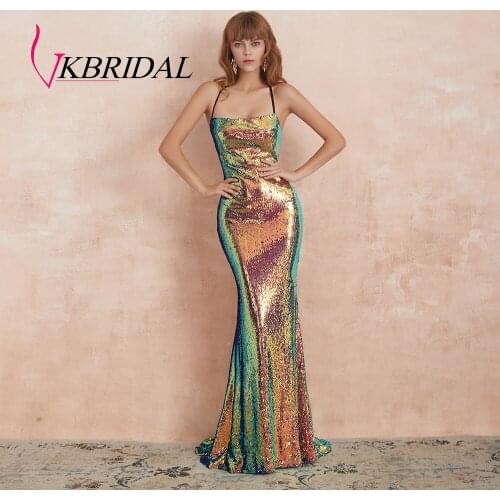 VKBRIDAL Sexy Multi Color Sequined Prom Dresses 2019 Halter Long Backless Mermaid Formal Party Gowns with Strappy Back