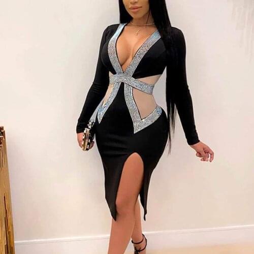 Women Sexy V-Neck Sequins Rhinestone Sheer Mesh Long Sleeve Split Party Evening Dress