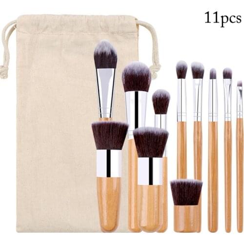 11PCS Women Makeup Brush Set Bamboo Handle Professional Cosmetic Brush Cosmetic Beauty Tools Kapmore Brush with Burlap Bag