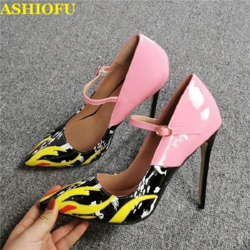 ASHIOFU New Real Photos Ladies Stiletto Heel Pumps Patent Leather Mary Janes Party Prom Dress Shoes Evening Fashion Court Shoes