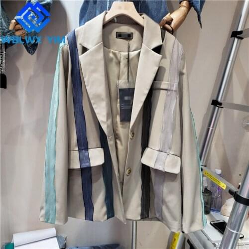 Autumn Blazer Jackets Women Single Breasted Lapel Fashion Net Yarn Strips Spliced Suit Jacket Ladies High Quality Blazers Coat
