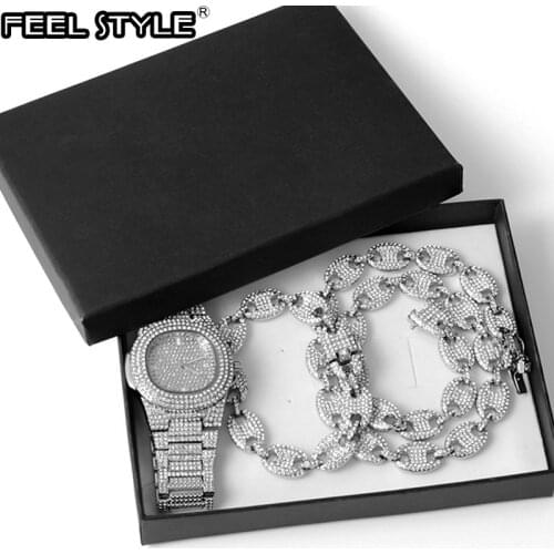 Watch +Chain+Bracelet HIP HOP Coffee Iced Out Alloy Bean Pig Nose Rhinestone Necklace Chain choker Necklaces for Men Jewelry