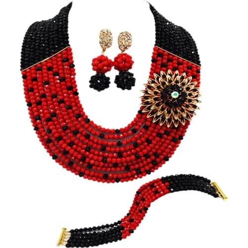 Black Opaque Red Crystal Beaded Multi Strands Statement Necklace Nigerian Wedding African Beads Jewelry Set for Women 10C-SZ23