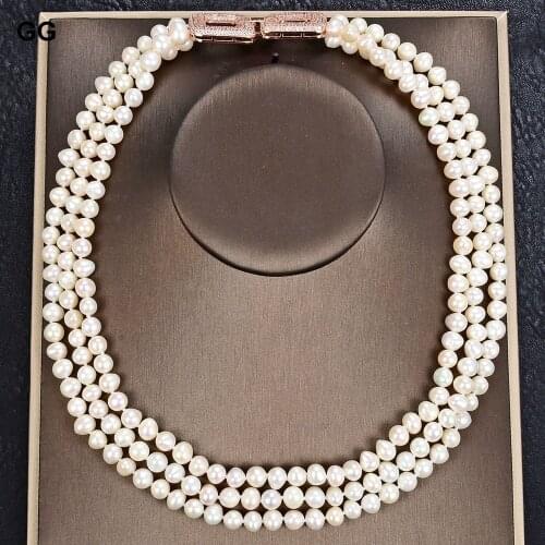 GuaiGuai Jewelry 20" 3 Strands 8mm White Pearl Necklace Cz pave clasp