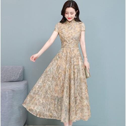 2021 chinese improved cheongsam lace dress vietnam aodai qipao stand-up collar embroidered short sleeve classical party dress