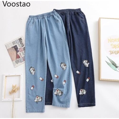 Harajuku Sweet Denim Wide Leg Pants Women Japanese Kawaii Cartoon Cows Embroidery Jeans Trousers Girls Cute Loose Straight Pants