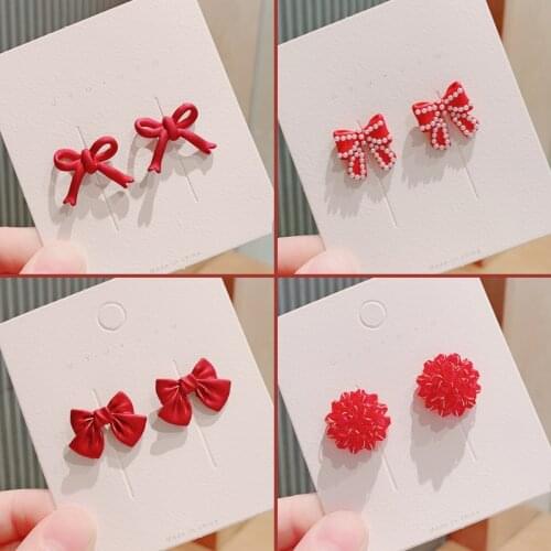 Women Girls Cute Red Pearl Bow Heart Bear Flower Earrings Children Lovely Shiny Earrings Kids Sweet Female Fashion Earrings