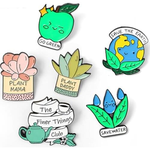 New fashion ecological protection Enamel Brooch GO GREEN SAVE THE EARTH SAVE WATER Lapel Pin Potted plant Custom Badge