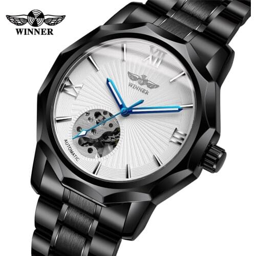 New WINNER Watches Men Mechanical Skeleton Wrist Watch Fashion Casual Automatic Wind Watch Black Steel Band relogio masculino