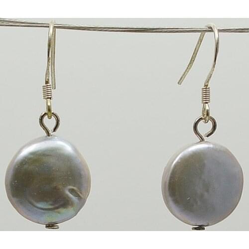 Charming Womens Gifts Pearl Jewelry Natural Freshwater Pearl Coin Earrings Real Gray Color Pearl Silvers Dangle Earrings