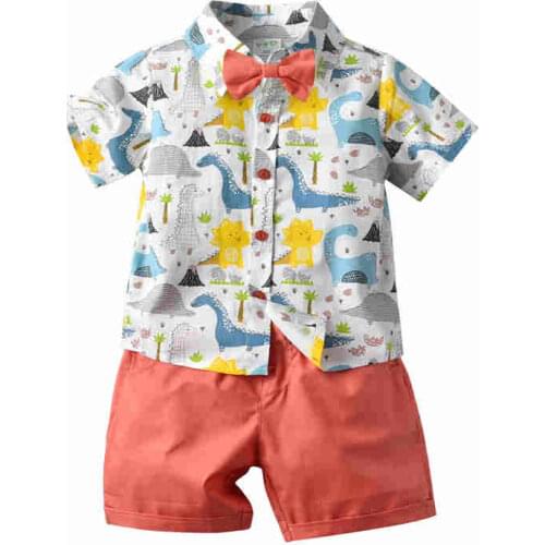 1-5 Years Toddler Boys Summer Dinosaur Set Toddlers Cartoon Animal Printing Lapel Shirt Top Bow Tie Shorts Boy Casual 2pcs Set