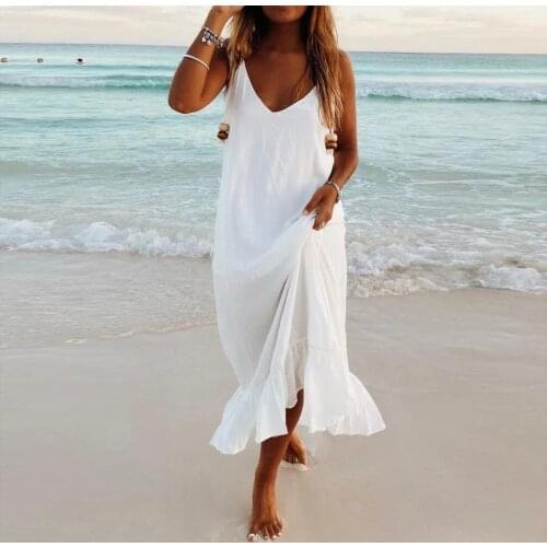 Vintage Ruffle Dresses Women White Sleeveless Solid Beach Dress V-neck Spaghetti-strap A-line Dress Vestidos Longos De Verao