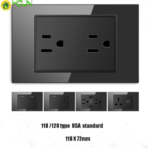 118 type Taiwan USA AU Brazil Italy Thailand standard USB charging toughened glass switch socket black wall socket panel 16A