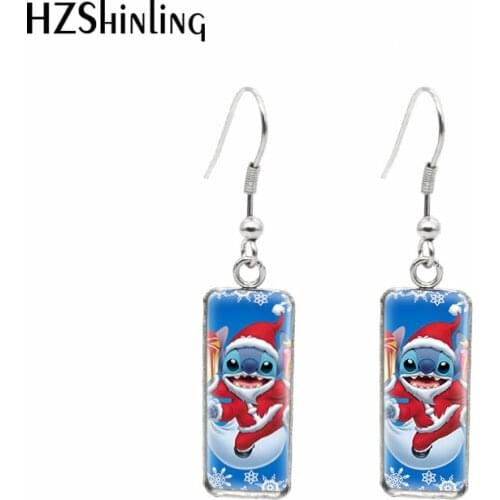 Happy Christmas Lilo stitch Cartoon Paintings Rectangular Hook Dangle Drop Earrings Fashion Jewelry