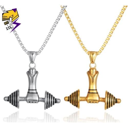 Dumbbell Charm Fitness Male Model Necklace Punk Silver Color Chain Bodybuilding Gym Necklaces For Men Fitness Trainer Jewelry