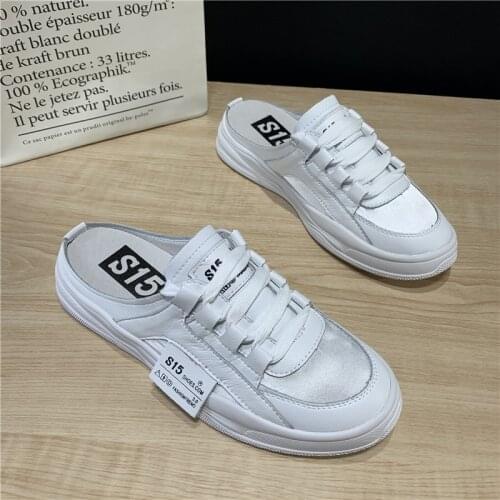 Genuine Leather Platform Wedge Slippers Women Mules Shoes Leisure Increase Lace-up Slippers Woman Closed Toe Sandals Casual Shoe